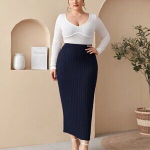 SHEIN Navy Blue Textured Stripe Maxi Midi Skirt Aline Pencil Elastic Waist